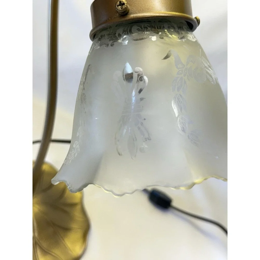 VTG Art Nouveau Brass Style Gooseneck Lily Pad Desk Lamp W/ White Frosted Shade